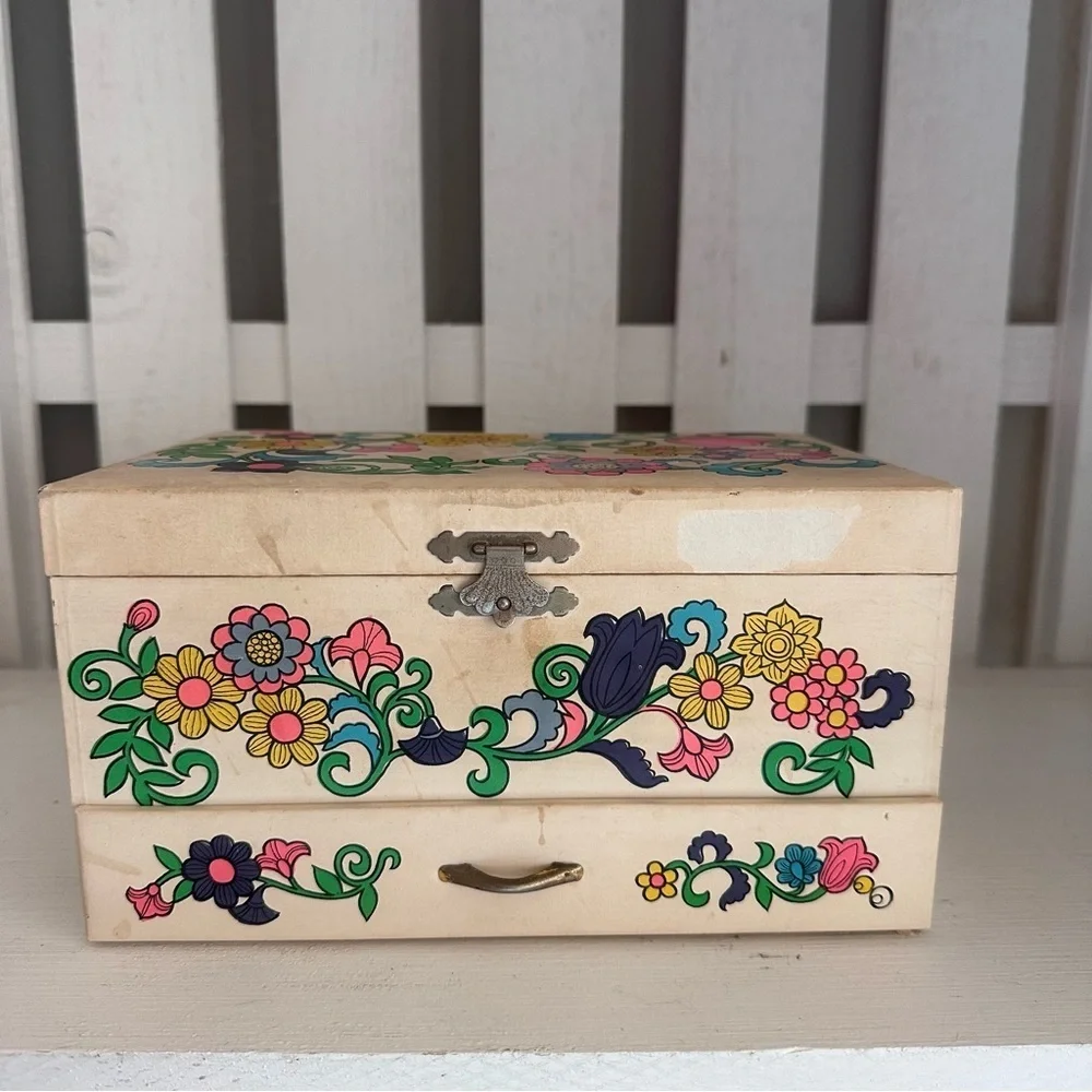 Vintage Japanese Ballerina Music Box Jewelry Box Floral Wood Spinning Dancer